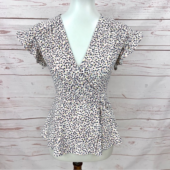 Modcloth Monteau Ditsy Floral Surplice Wrap Peplum Blouse - Picture 3 of 11